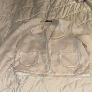 Chic Cream Blazer with Frayed Edges